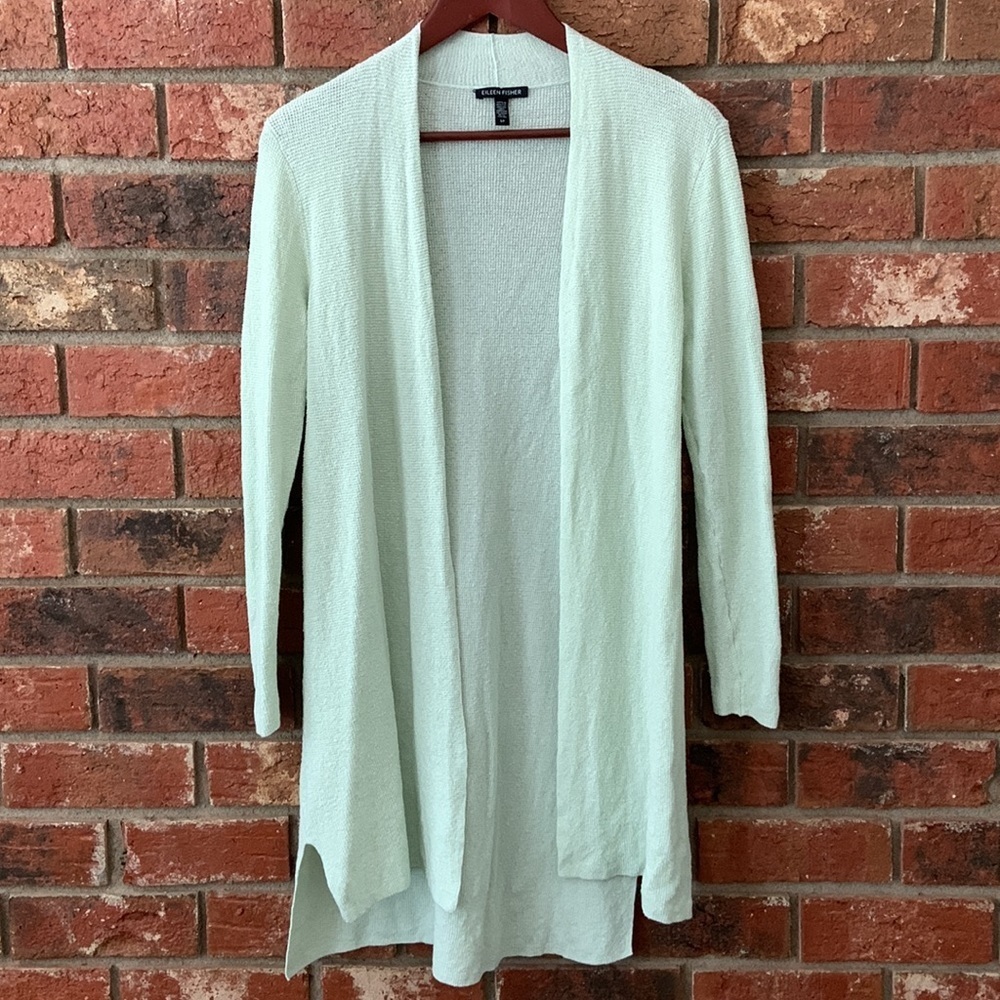 Eileen Fisher Mist Green Organic Linen Crepe Stretch Cardigan - Picture 2 of 8